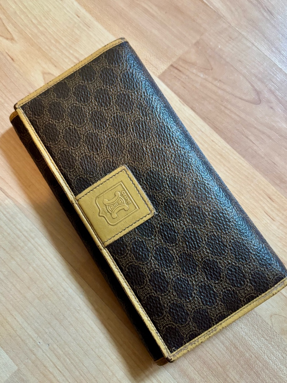 Genuine Celine Brown Canvas Wallet with Tan Leather Trim